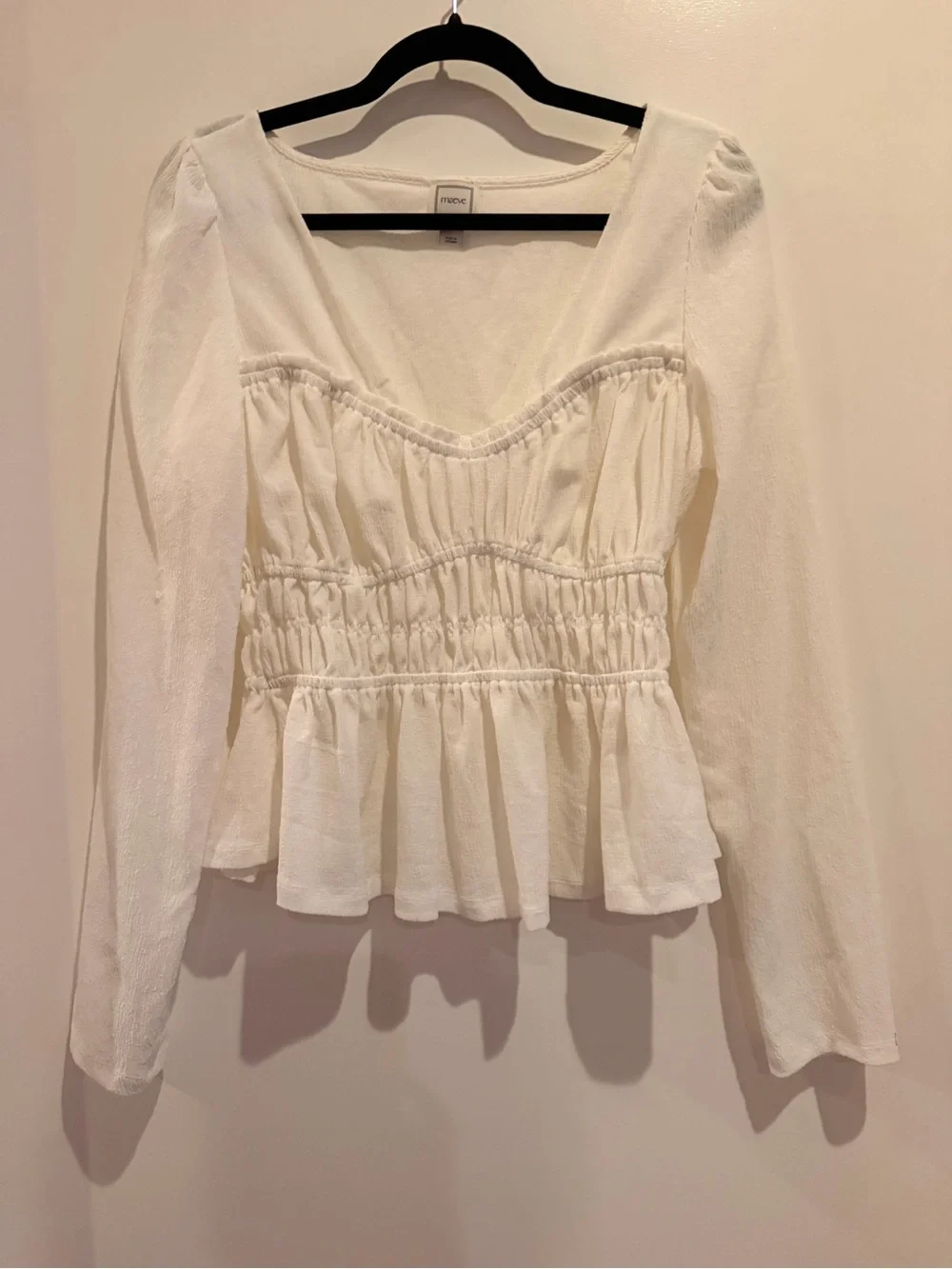 Anthropologie White Smocked Peplum Long Sleeve Blouse